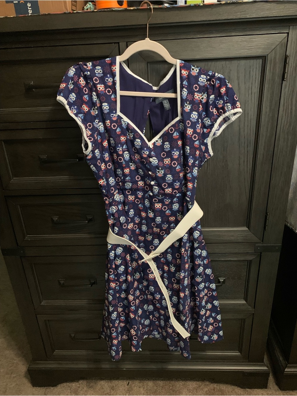ModCloth Navy Blue Owl Print Fit-and-Flare Dress with White Trim